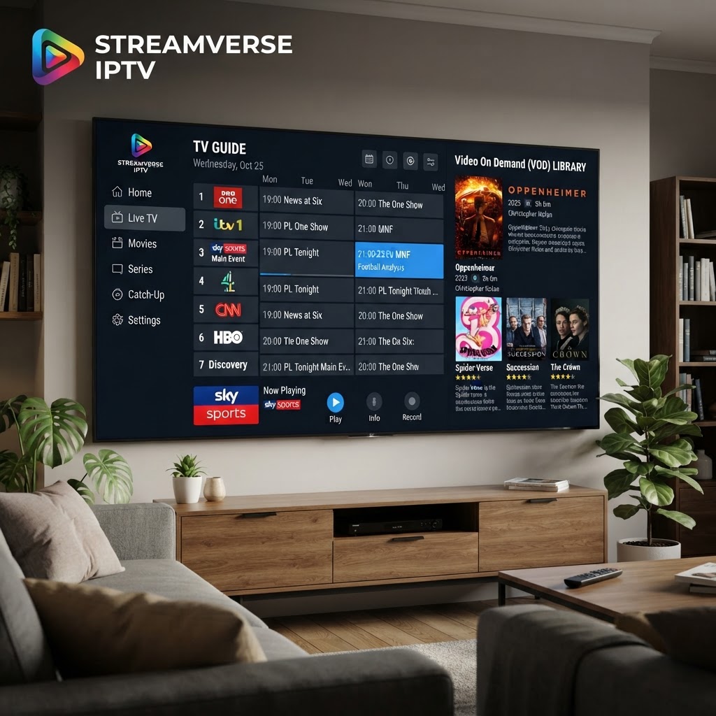 IPTV middleware software interface showing channel guide and VOD library on large screen