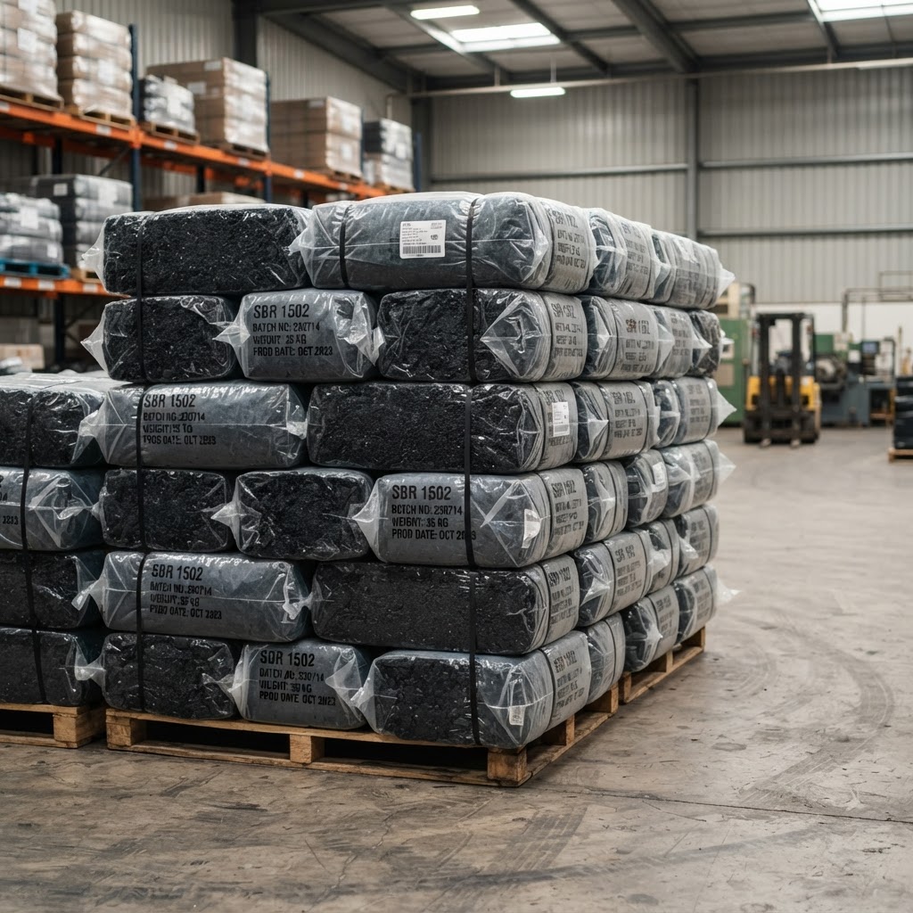 SBR styrene butadiene rubber bales in industrial warehouse, synthetic rubber product