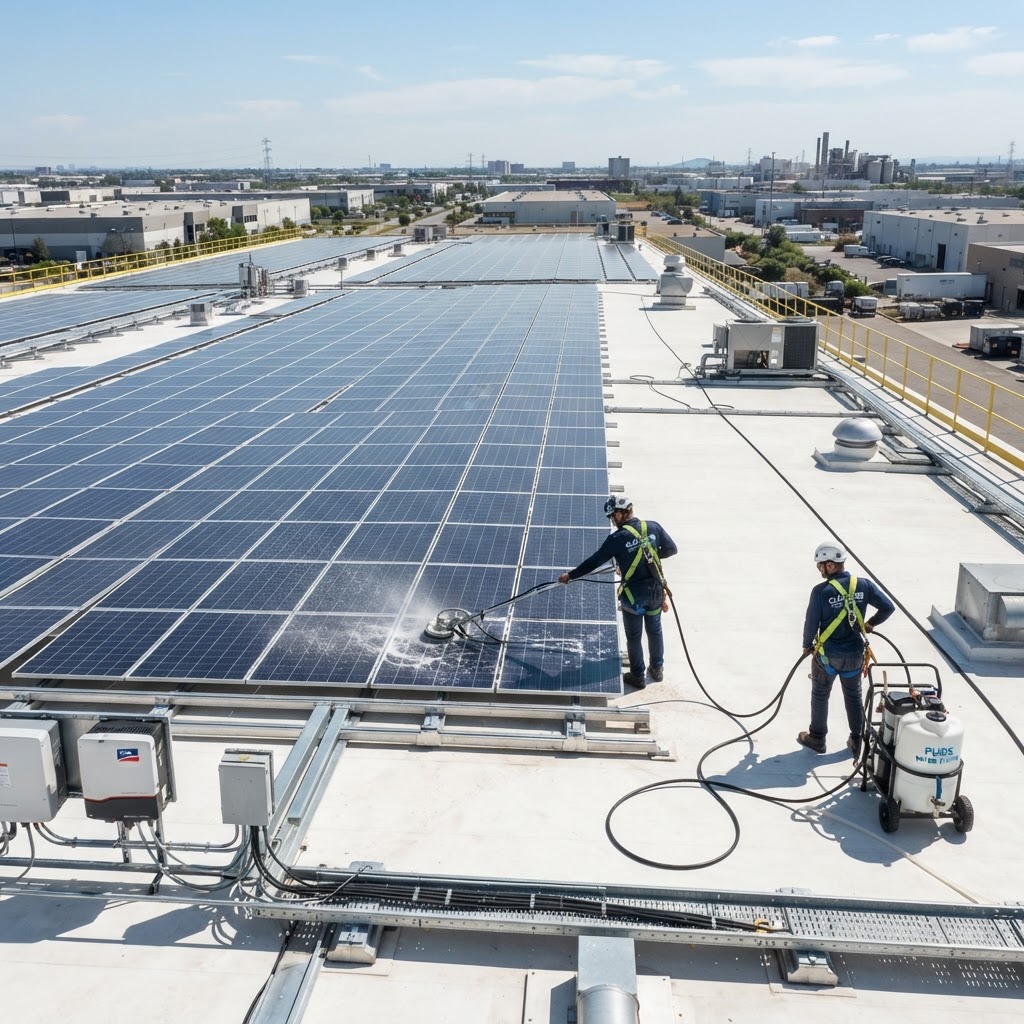 Commercial rooftop solar panel array, professional cleaning equipment, industrial rooftop setting