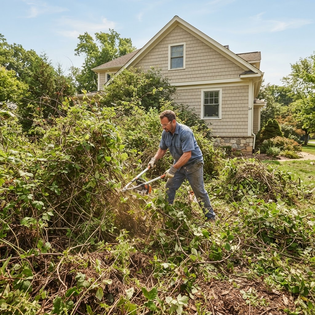 Worker clearing overgrown brush and shrubs near residential structure in California foothills