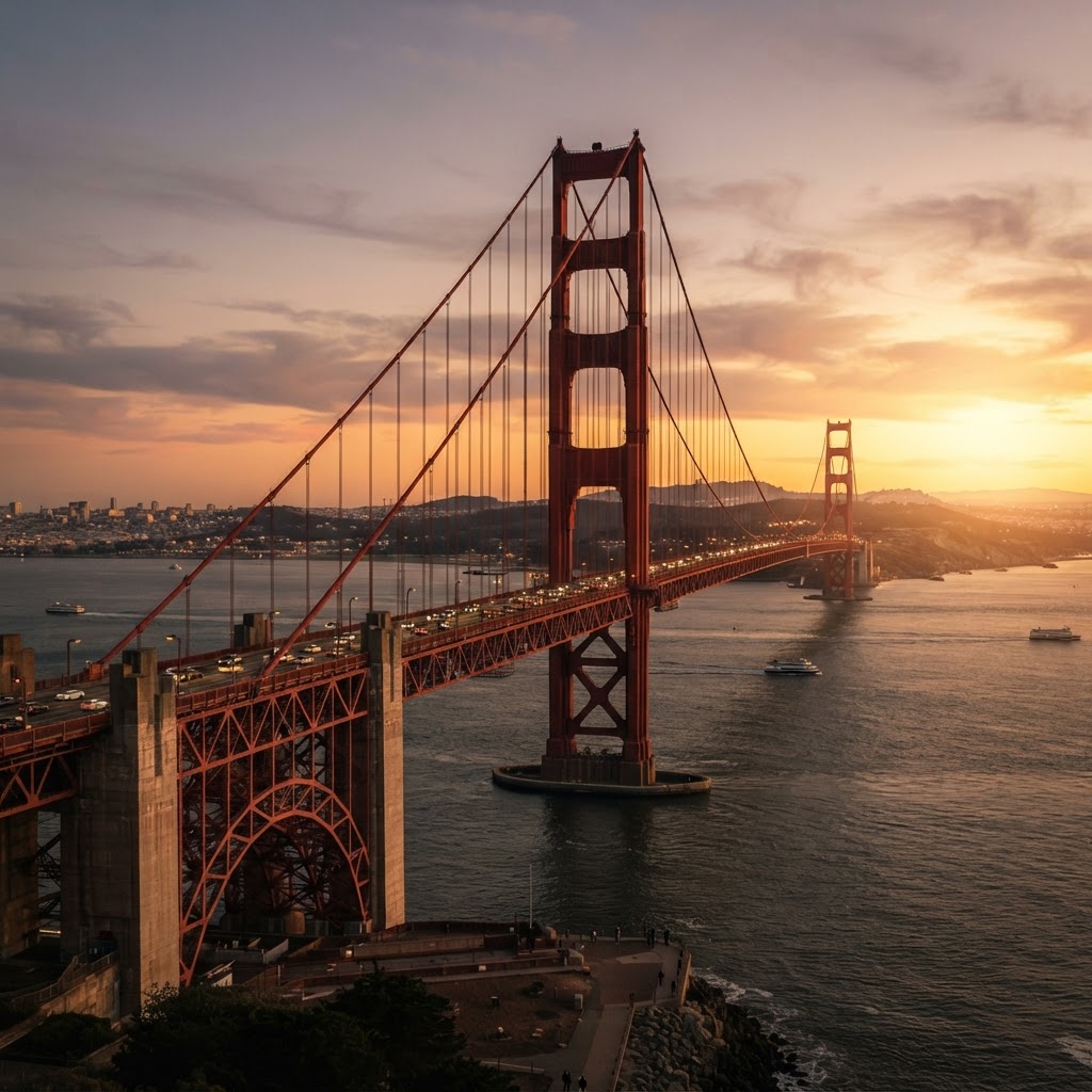 Monumental infrastructure at dusk with warm gold atmospheric light — scale and permanence