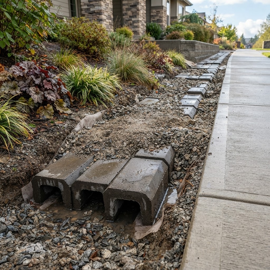 Inverted drainage blocks installed in a drainage system