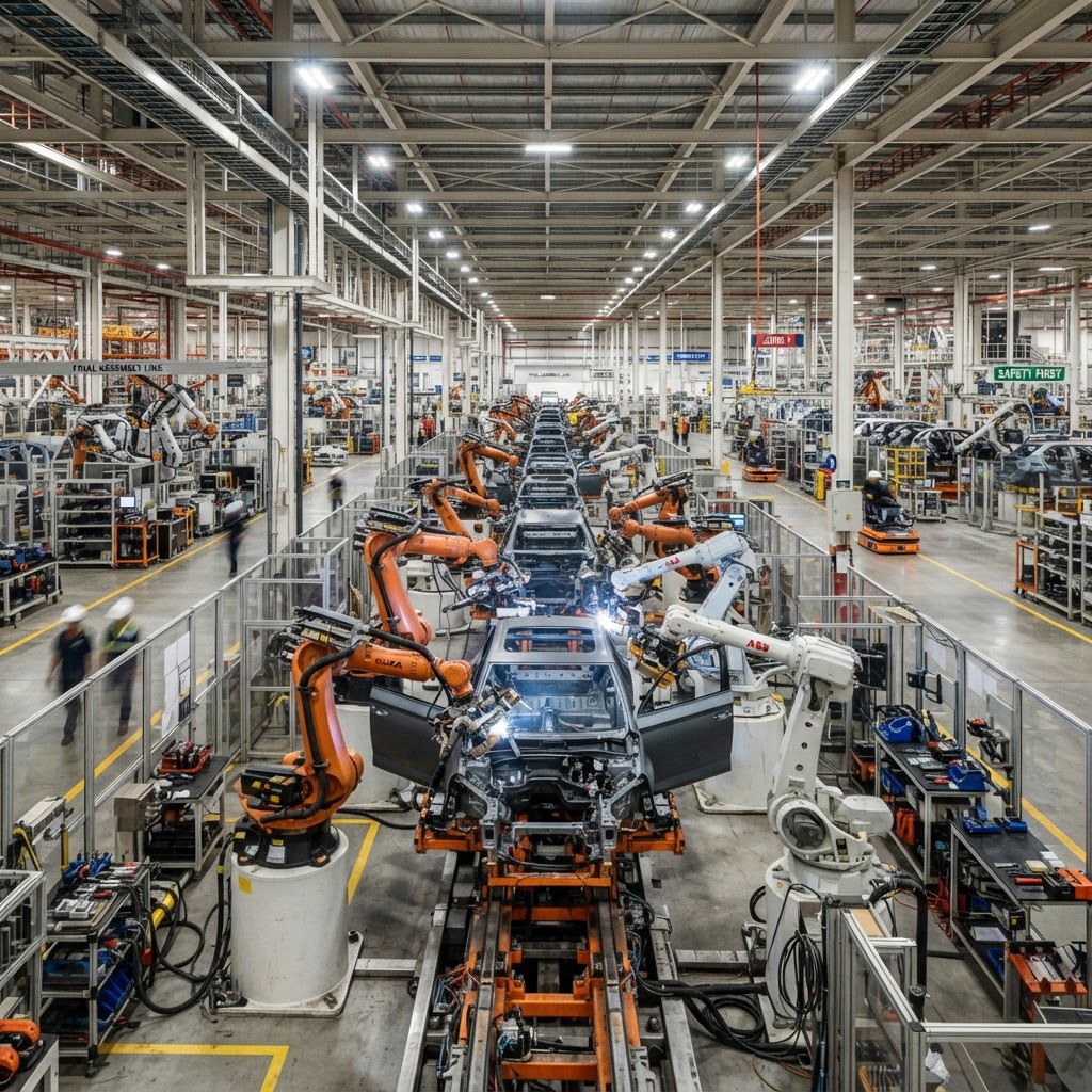 Modern Chinese automotive assembly plant with robotic welding arms and production lines — China Vehicle Production Market Report 2026