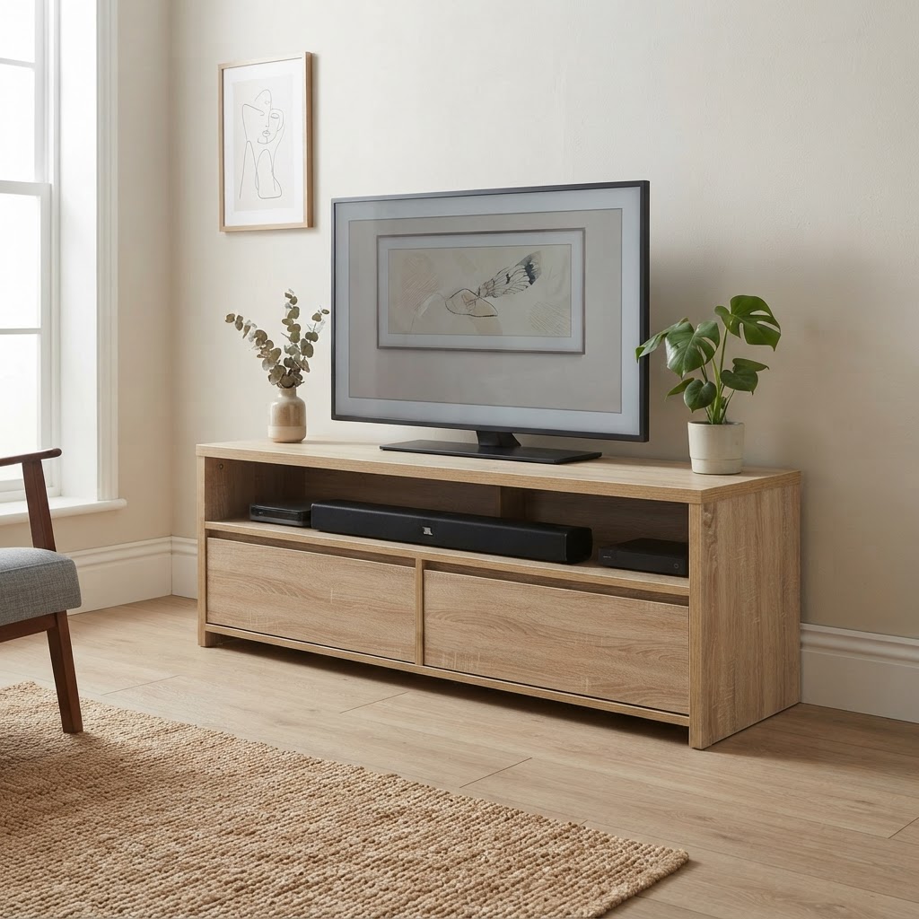 Affordable plywood TV unit with laminate finish in a compact apartment