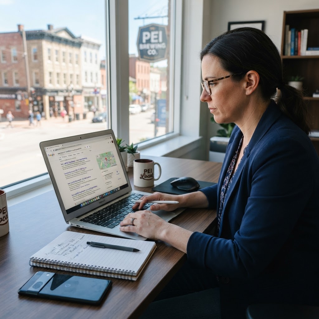 PEI business owner conducting local keyword research on laptop showing Google search results for Charlottetown and Summerside