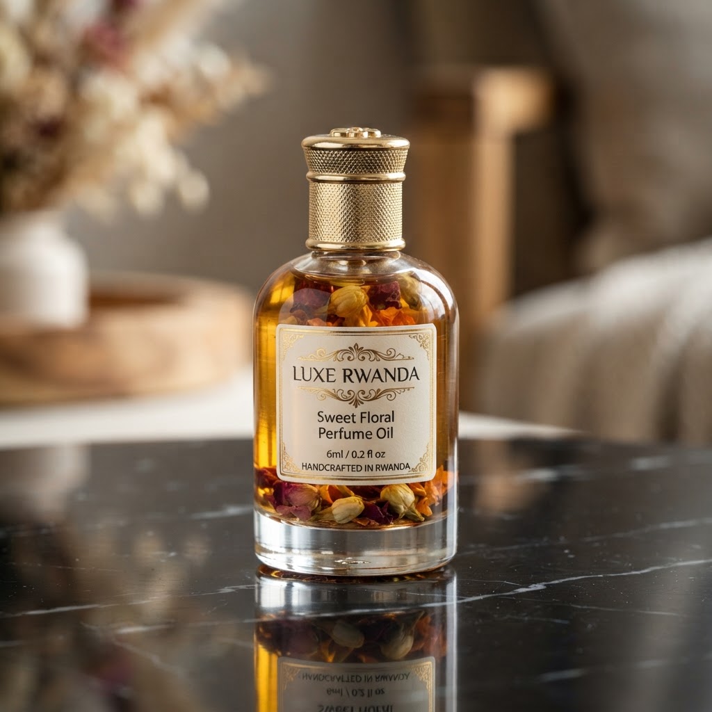 Luxe Rwanda Sweet Floral Perfume Oil 6ml elegant glass bottle with floral notes