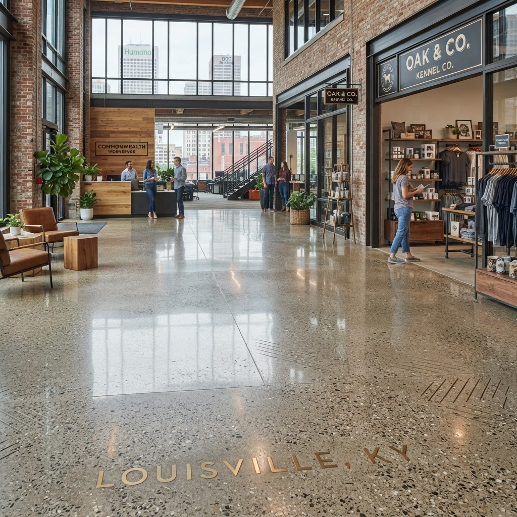 Commercial concrete floor finishing in a Louisville warehouse or retail space