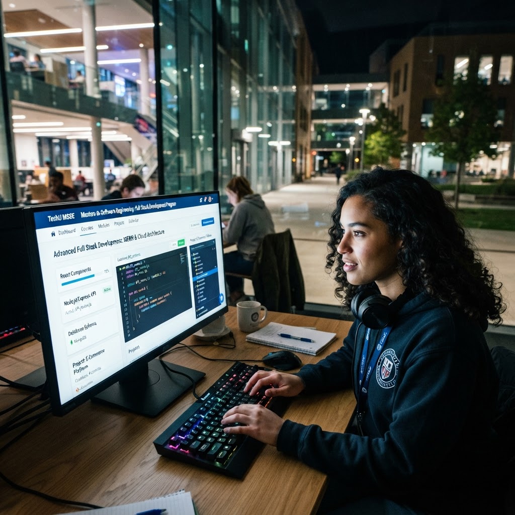 Developer coding on laptop with multiple monitors showing code editor in bright office