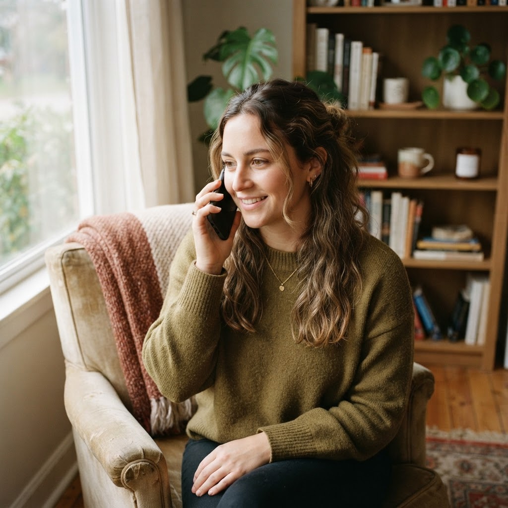 Person speaking on a phone in a calm home environment