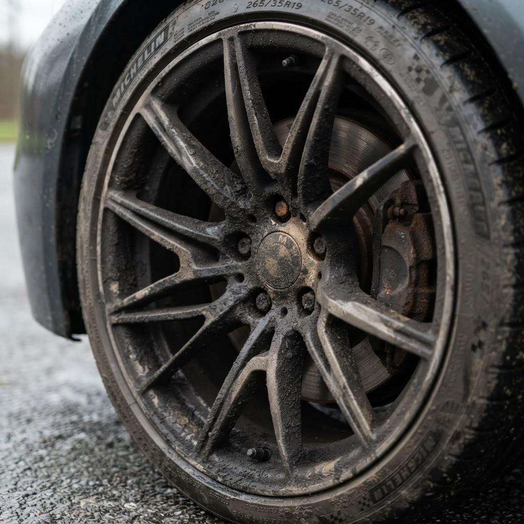 Car wheels covered in brake dust and road grime before wheel and tire detailing