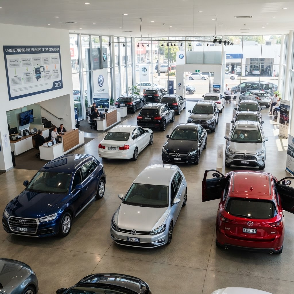 Car dealership showroom with multiple vehicles — understanding true cost of car ownership before buying