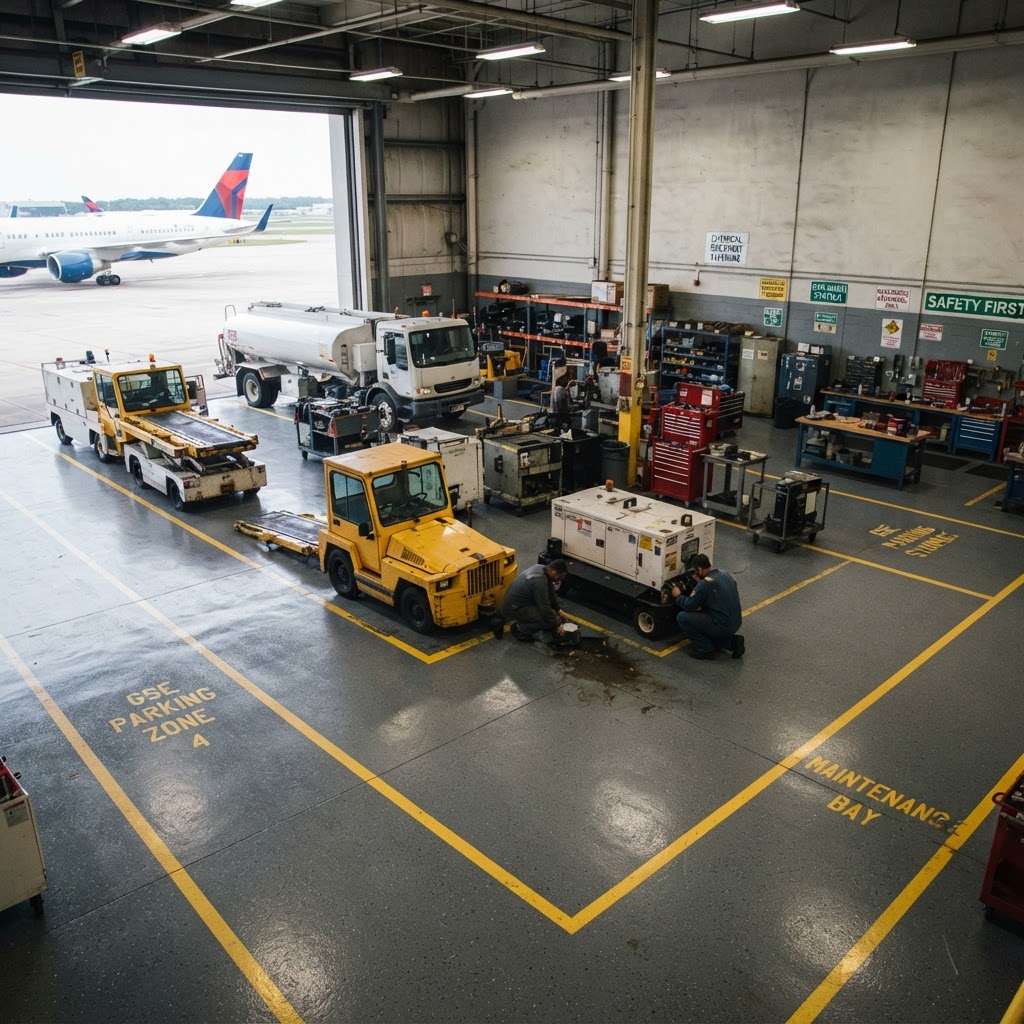 Aviation facility ground support area requiring chemical-resistant durable protective coating systems