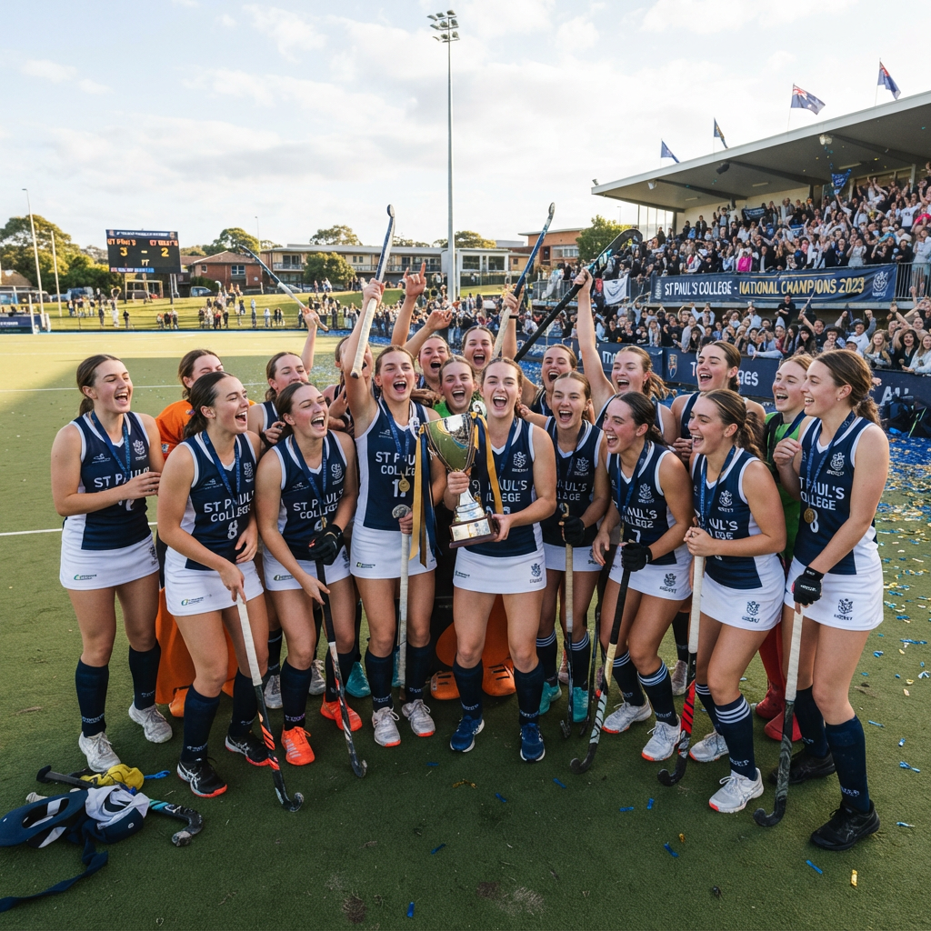 St Paul's College 1st girls hockey team celebrating a national title