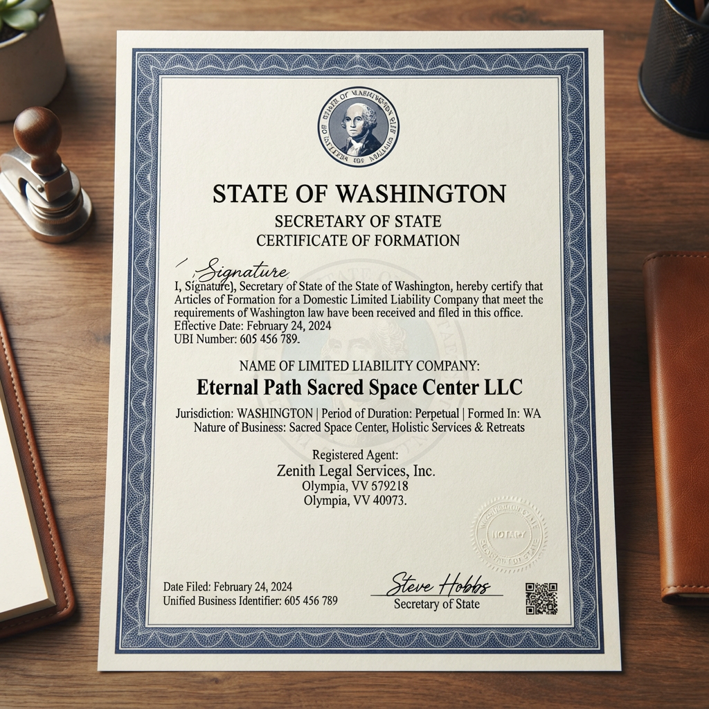 Washington State Certificate of Formation for Eternal Path Sacred Space Center LLC