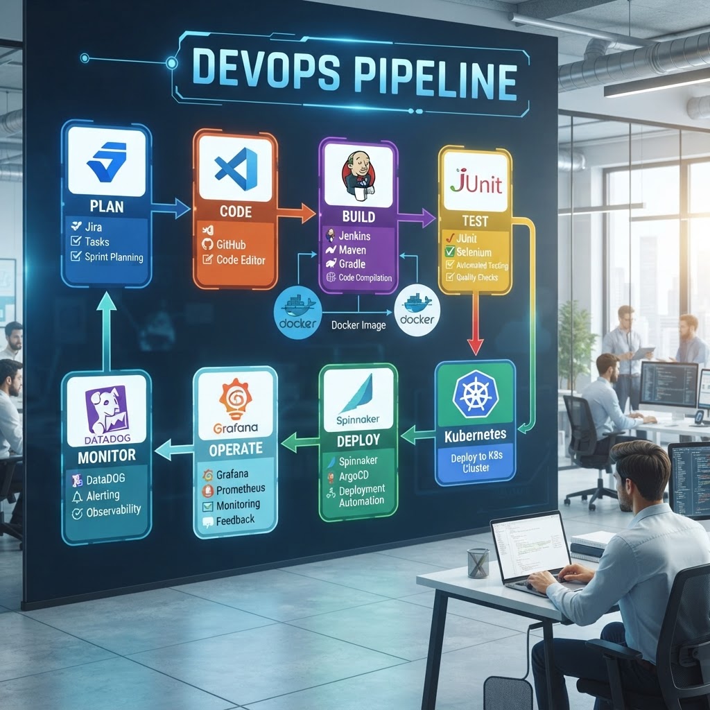 DevOps pipeline diagram on screen with Docker and Kubernetes logos in bright tech office