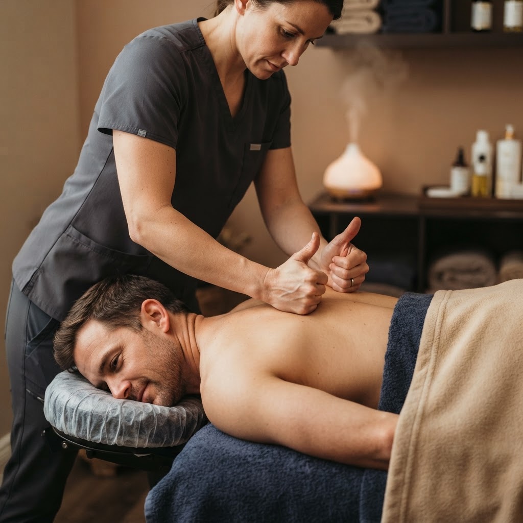Deep tissue massage therapist applying firm pressure to client's back muscles in professional spa environment with dim atmospheric lighting