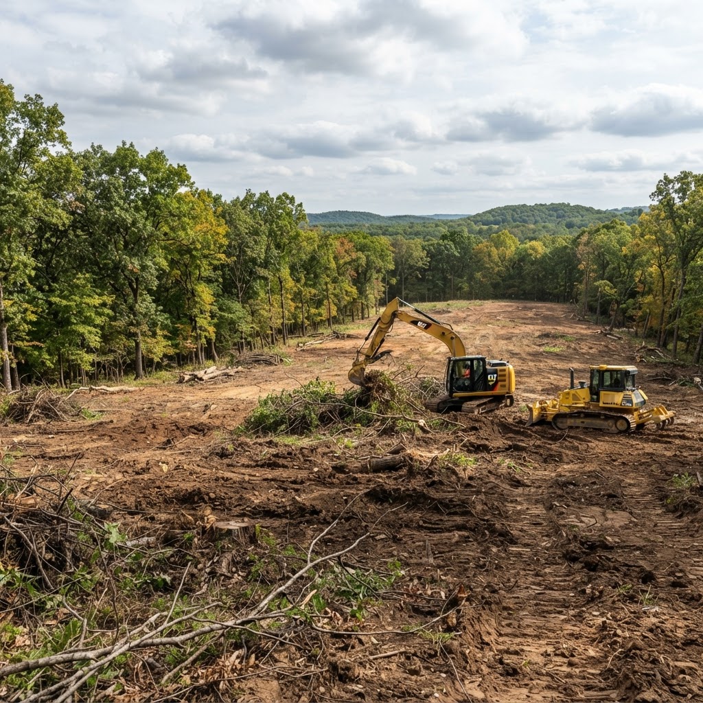 Wide open Missouri property lot with trees and brush being cleared for site preparation
