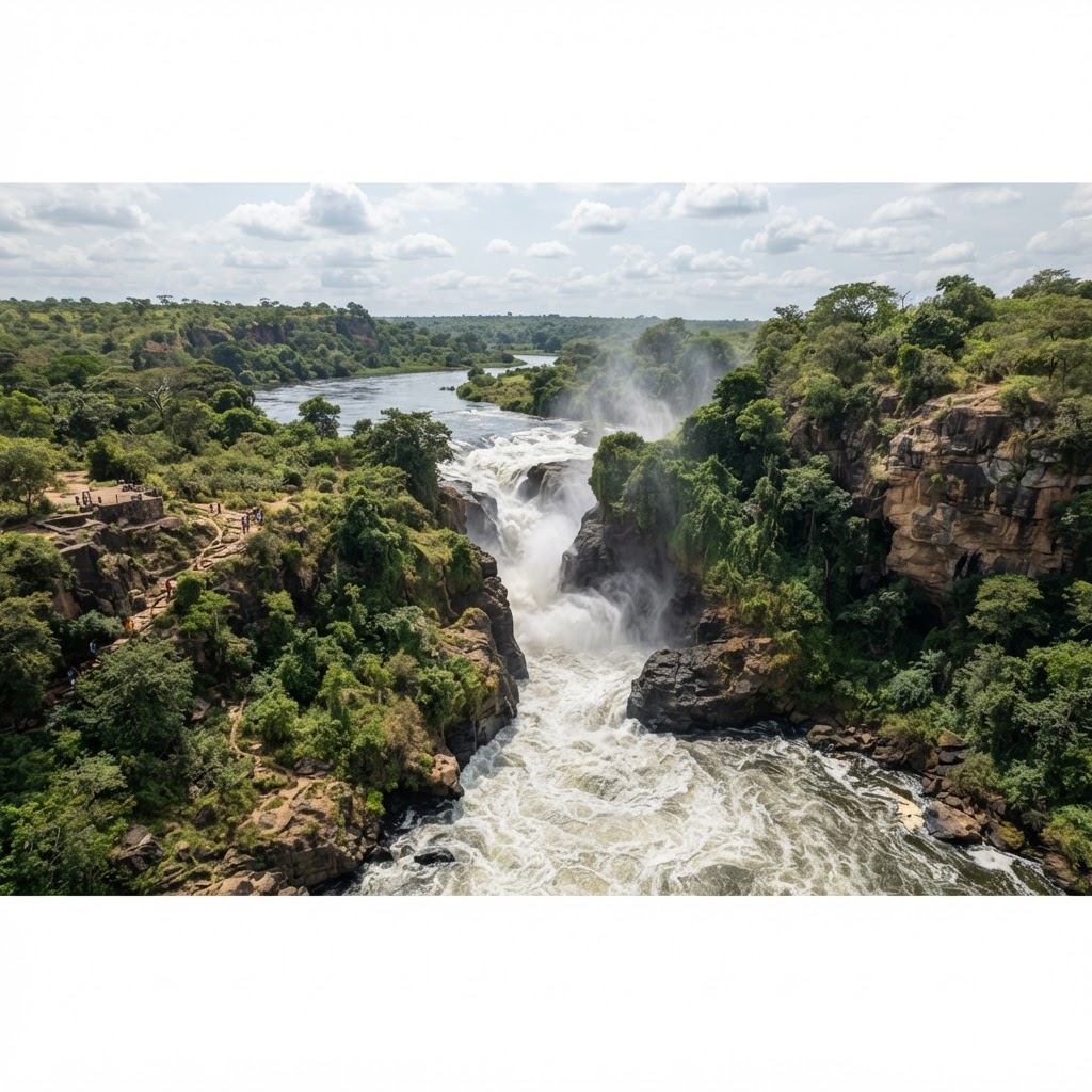 Murchison Falls on the Nile River, powerful waterfall in Uganda, dramatic landscape