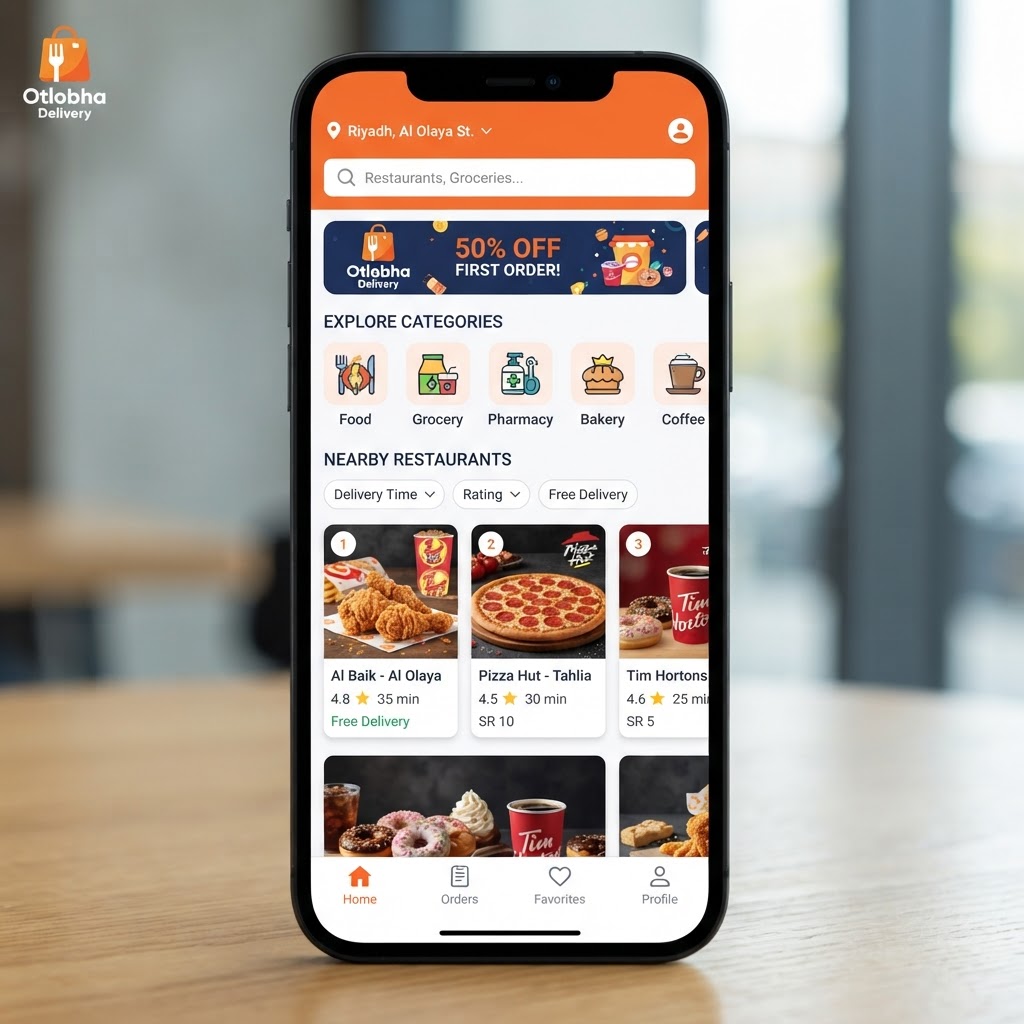 لقطة شاشة تطبيق OTLOBHA DELIVERY لتوصيل الطعام والمنتجات