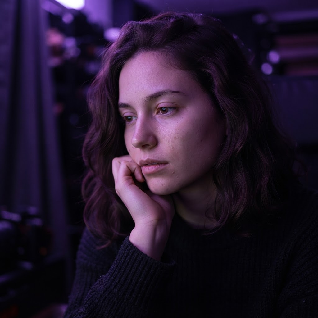 Documentary short thumbnail — artistic portrait in purple studio lighting, reflective mood, biographical tone
