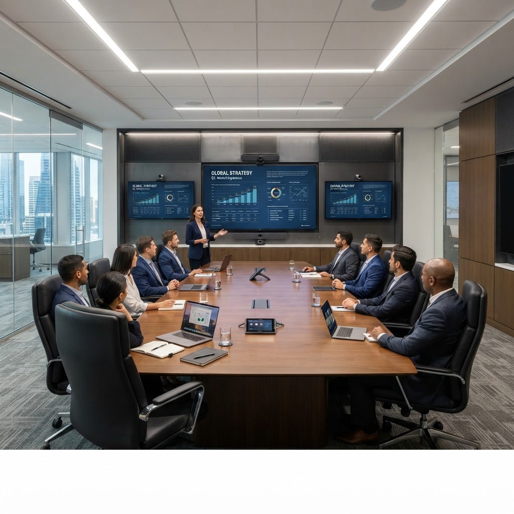 Corporate boardroom with AV presentation system and digital displays installed in Muscat Oman