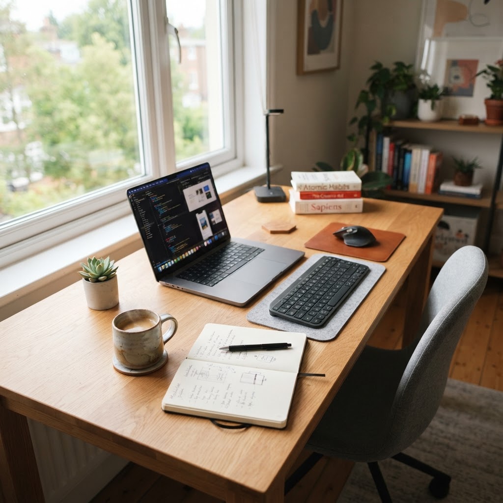 Bright, organized home desk with laptop, notebook, and a warm cup of coffee — representing the personal, focused environment of ClaroHabla tutoring