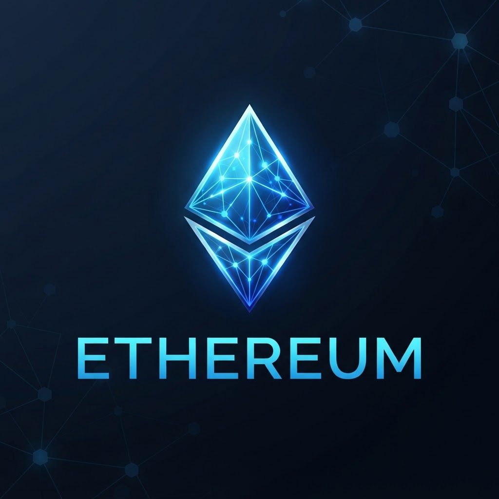 Ethereum logo glowing blue with network layer visualization