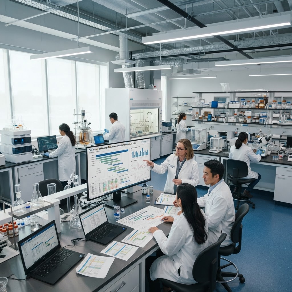 Pharmaceutical CMC strategy and drug development planning in a modern laboratory