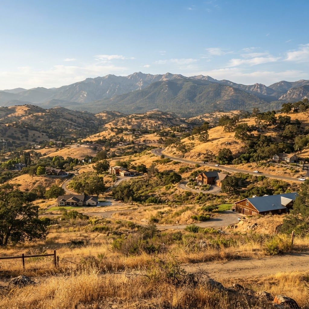 Sierra Nevada foothills landscape in Tuolumne County California showing dry vegetation and residential properties
