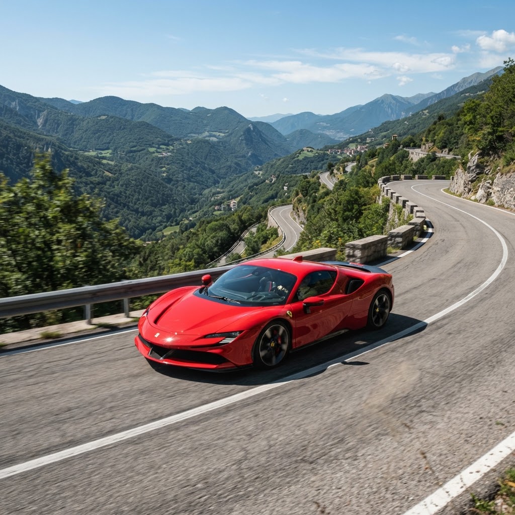 Red Ferrari sports car on a winding mountain road — the iconic Italian supercar brand founded by Enzo Ferrari in 1947