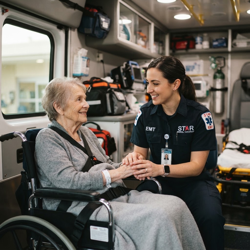 Medical professional assisting patient in clinical setting, bright clean environment, professional attire, calm and reassuring atmosphere