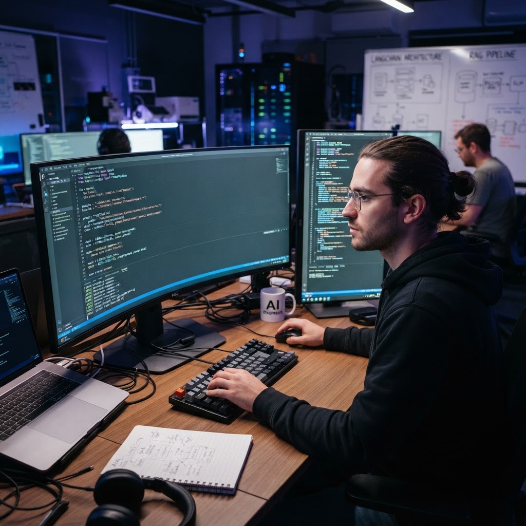 Generative AI application development with LangChain code on bright screen in AI lab