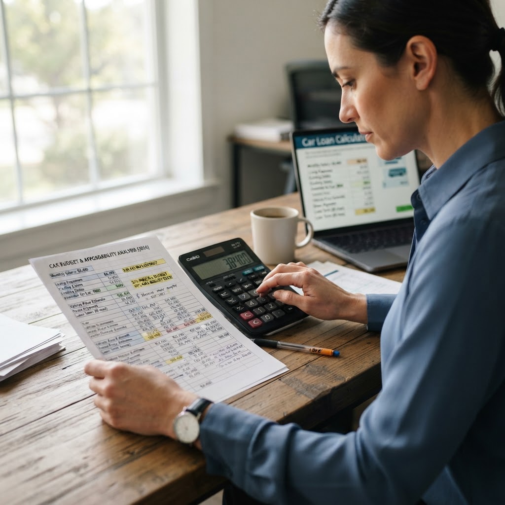 Person reviewing car loan documents and financial paperwork at a desk with a calculator and car keys — car loan instalment guide 2026