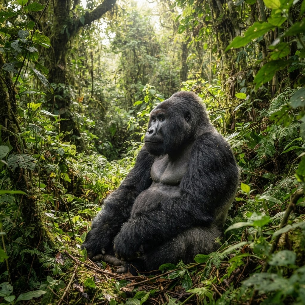 Mountain gorilla in Bwindi forest Uganda, the centrepiece of the Karibu Origins story — extraordinary wildlife in its natural habitat