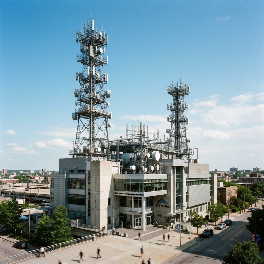 Public infrastructure building with broadcast antenna and communication towers