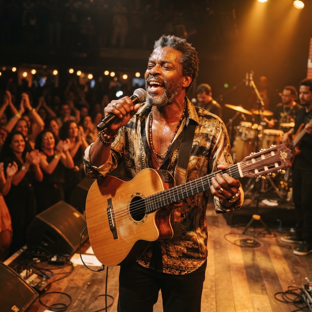 Legendary samba composer and singer performing under warm golden stage lights