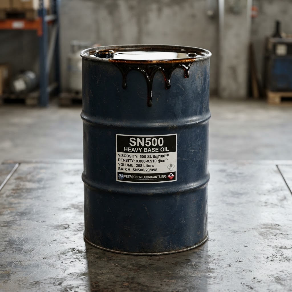 Dark heavy base oil SN500 in industrial barrel, high viscosity petroleum product