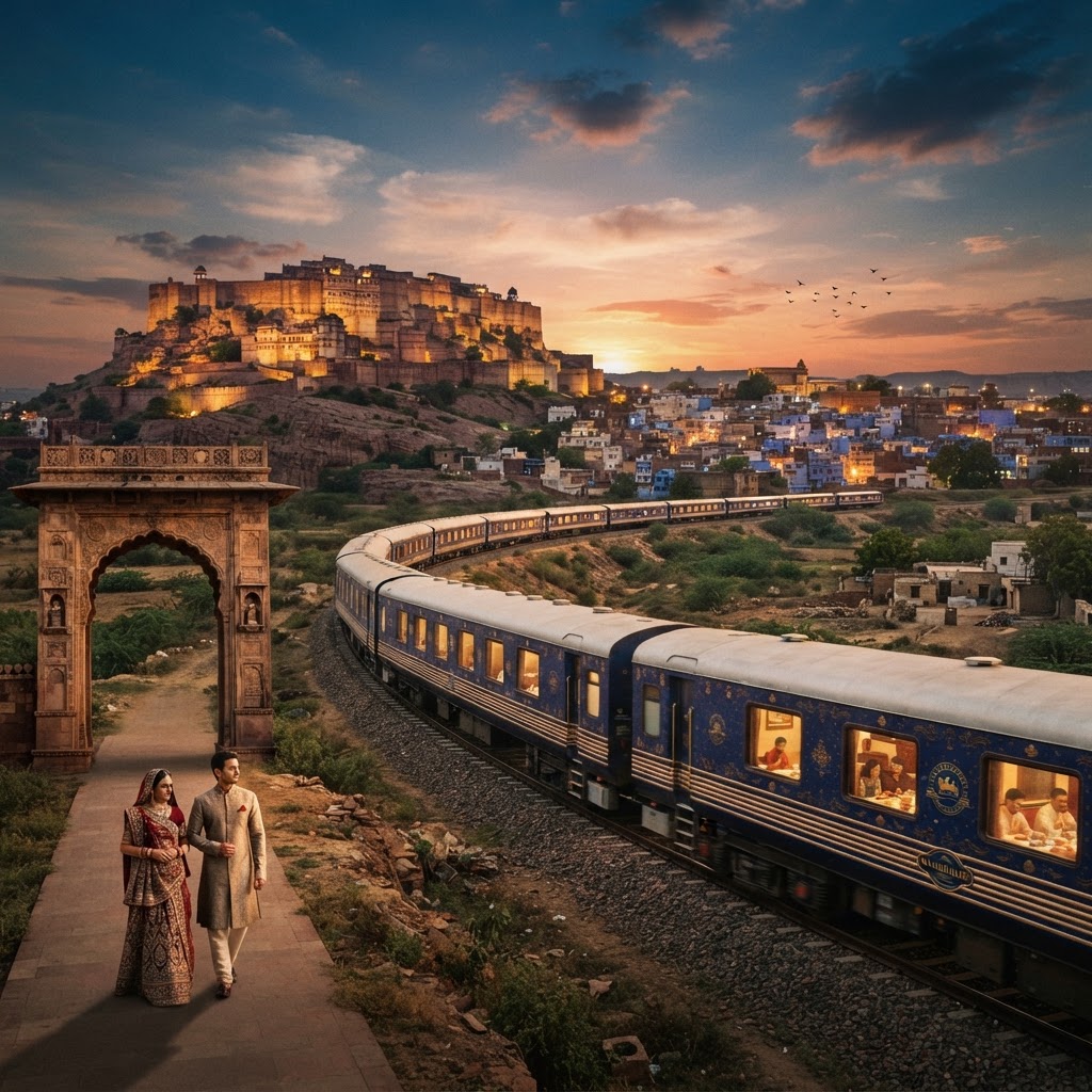 Indian train travelling through scenic countryside landscape at golden hour with mountains in background