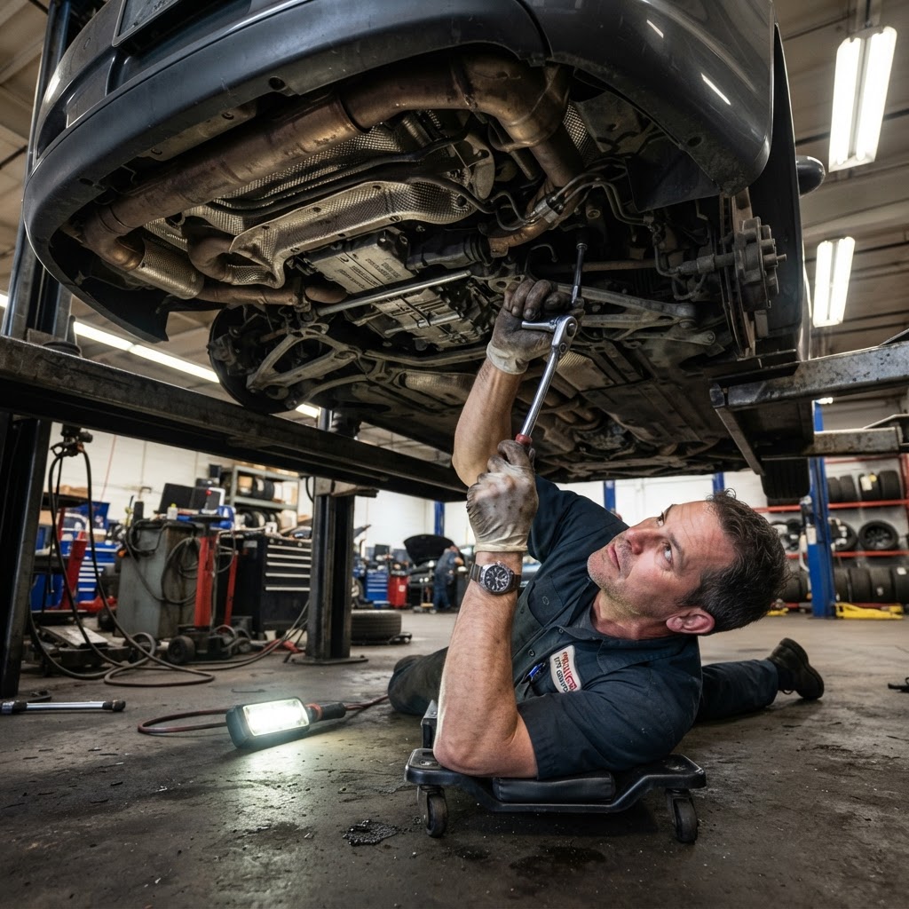 Car mechanic working under a vehicle in a repair shop — high maintenance costs of certain car brands