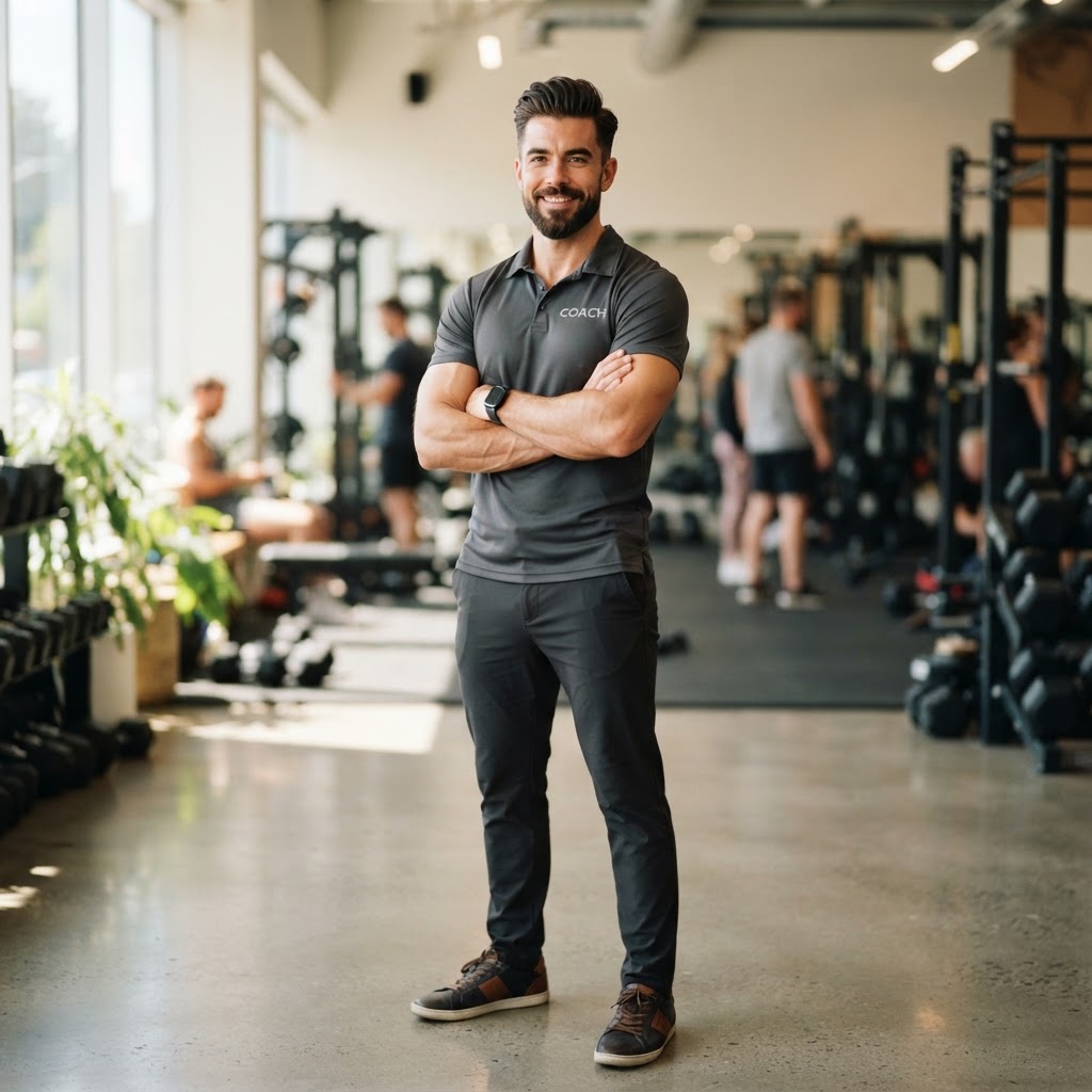 Personal trainer coaching client in bright modern gym with exercise equipment