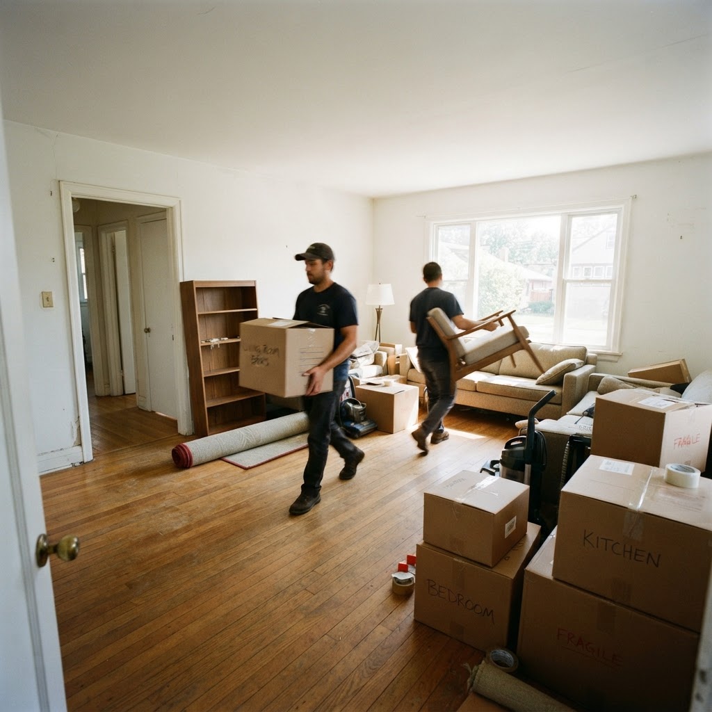 Moving boxes and furniture in an empty room during a residential move-out