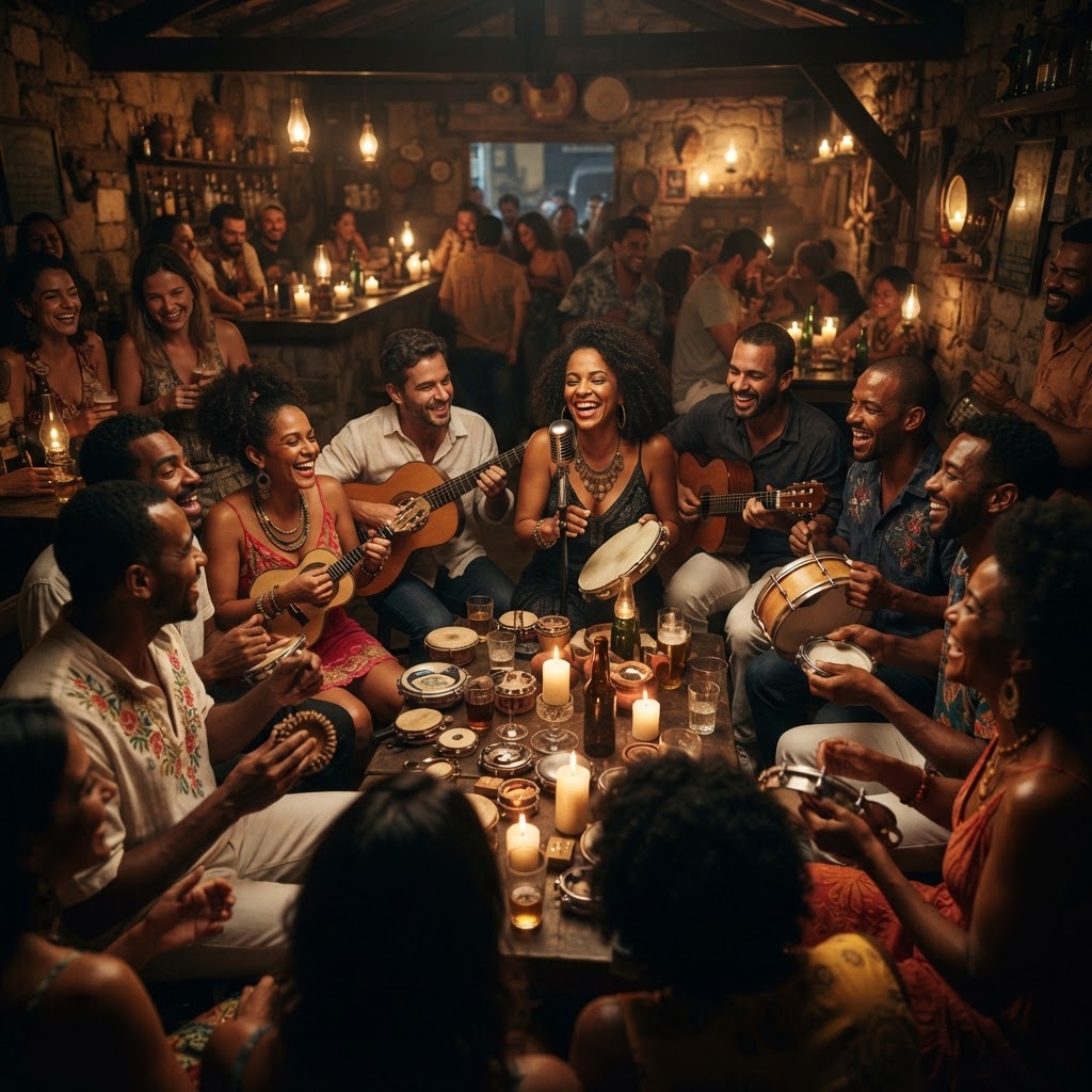 Intimate samba circle with musicians in dim warm candlelight setting, deep shadows and golden tones