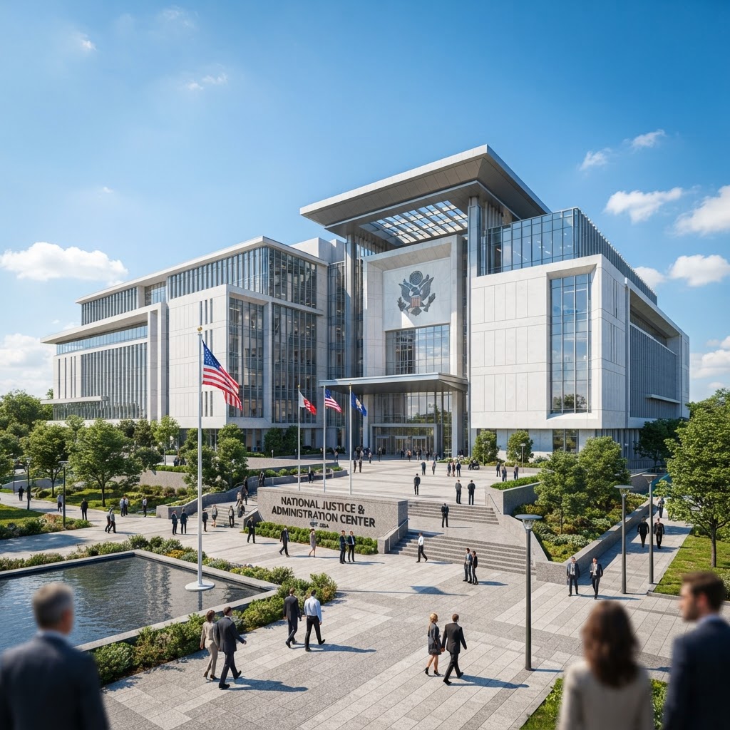 Government building construction completed, institutional structure in bright daylight