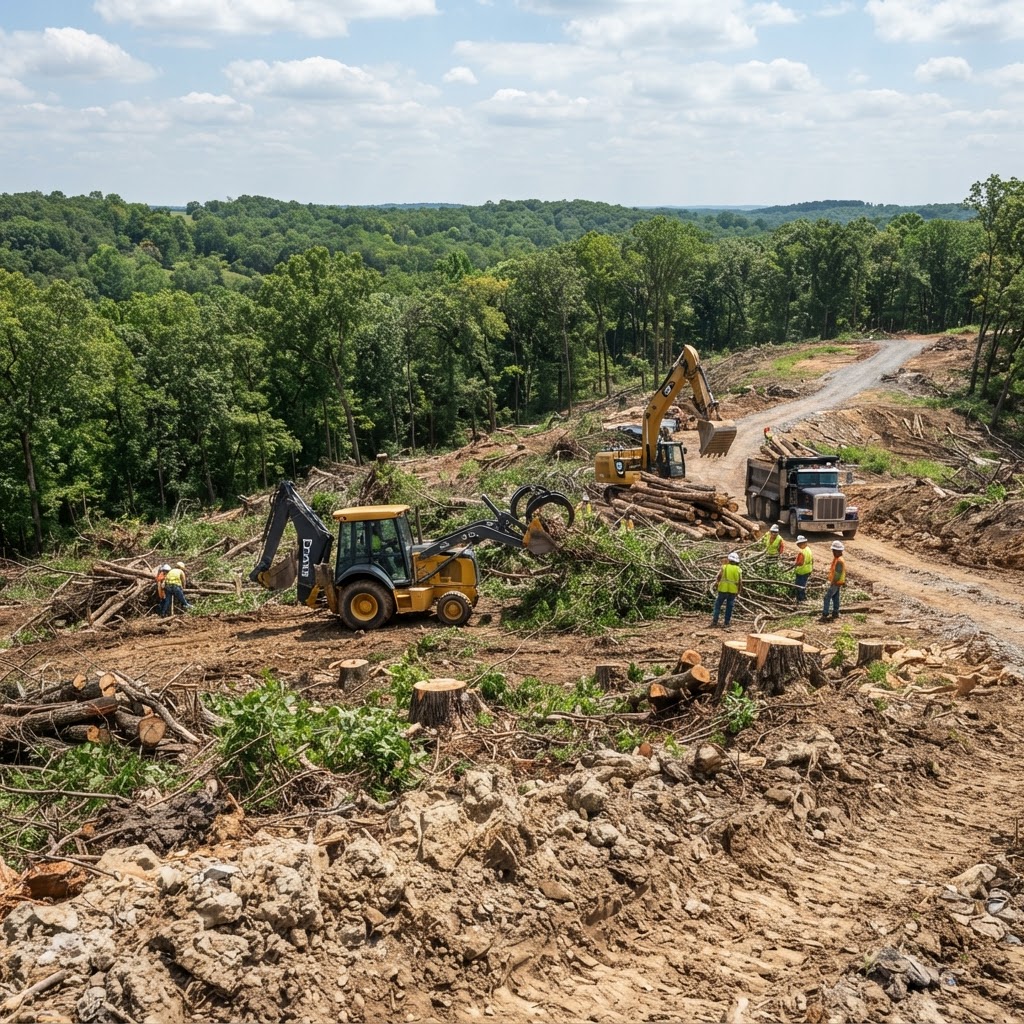 Open Missouri landscape property with trees being cleared and prepared for landscaping