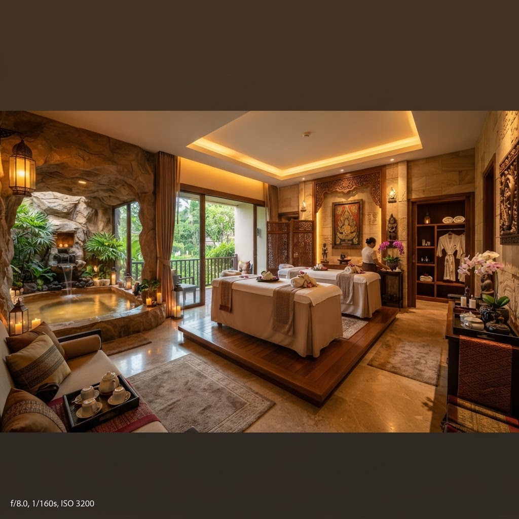 Ultra-premium VVIP private spa suite at UNIQ International Thai Spa — dramatic warm lighting, luxury stone surfaces and exclusive wellness setting in Marathahalli, Bengaluru