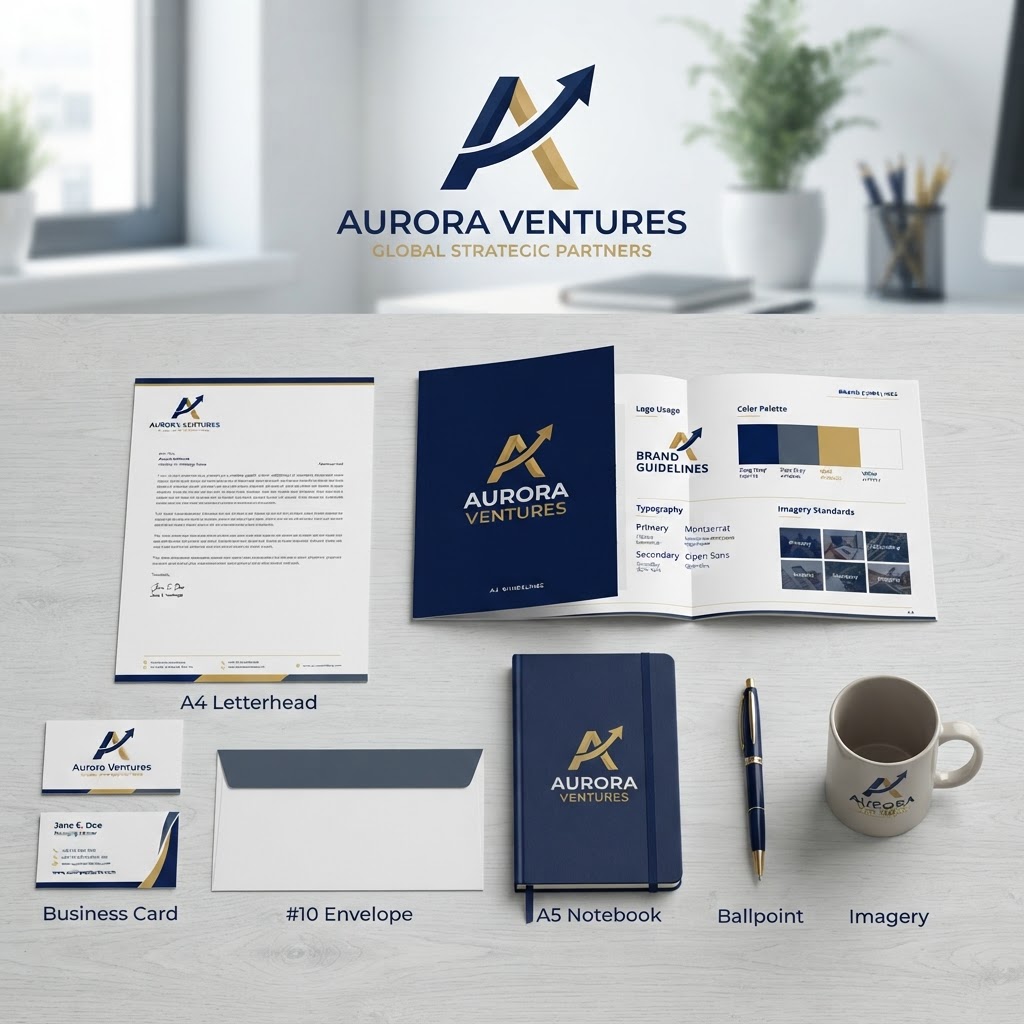 Corporate brand identity package with logo, stationery, and brand guidelines