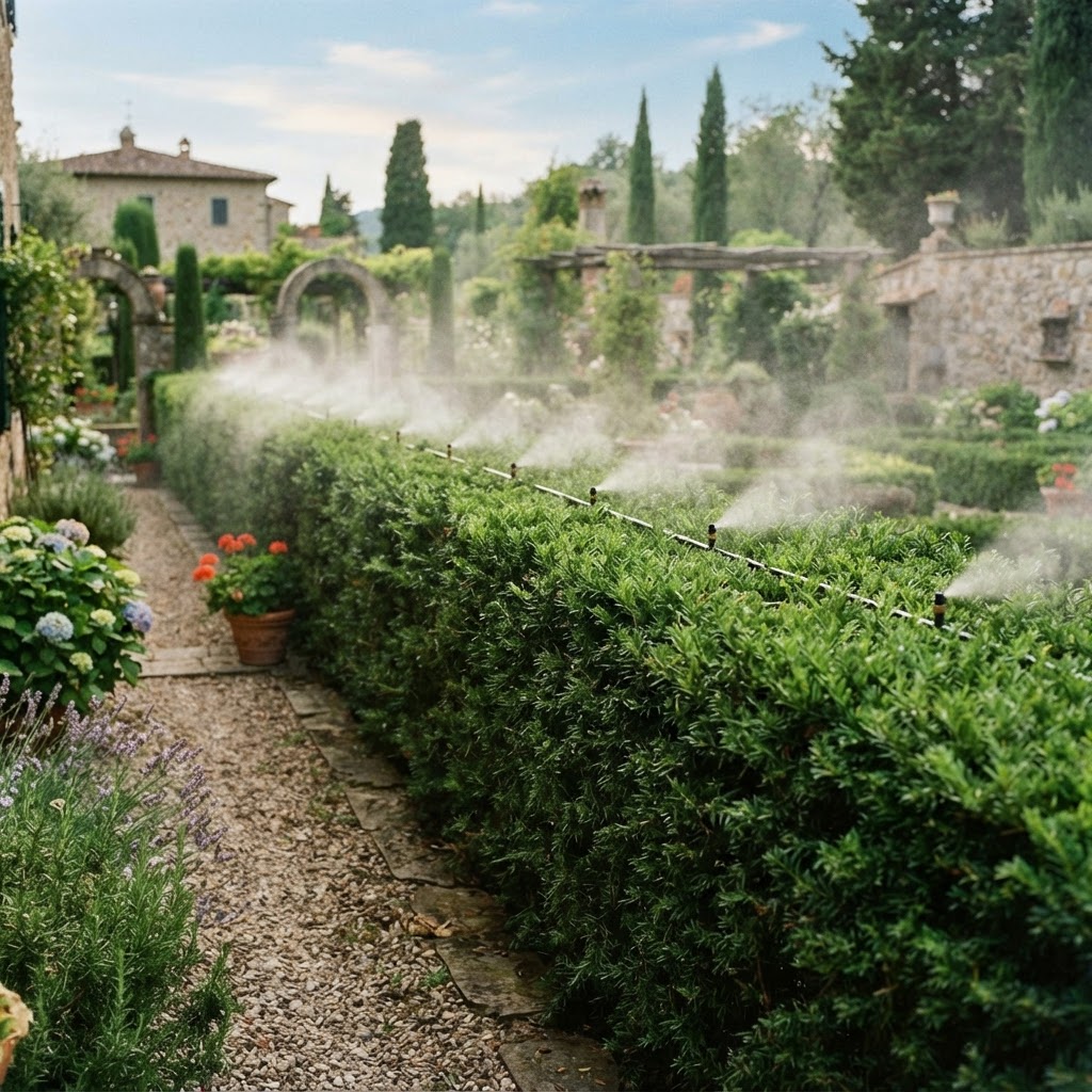 Sistema di nebulizzazione integrato in una siepe verde rigogliosa di un giardino privato italiano, ugelli discreti a intervalli regolari
