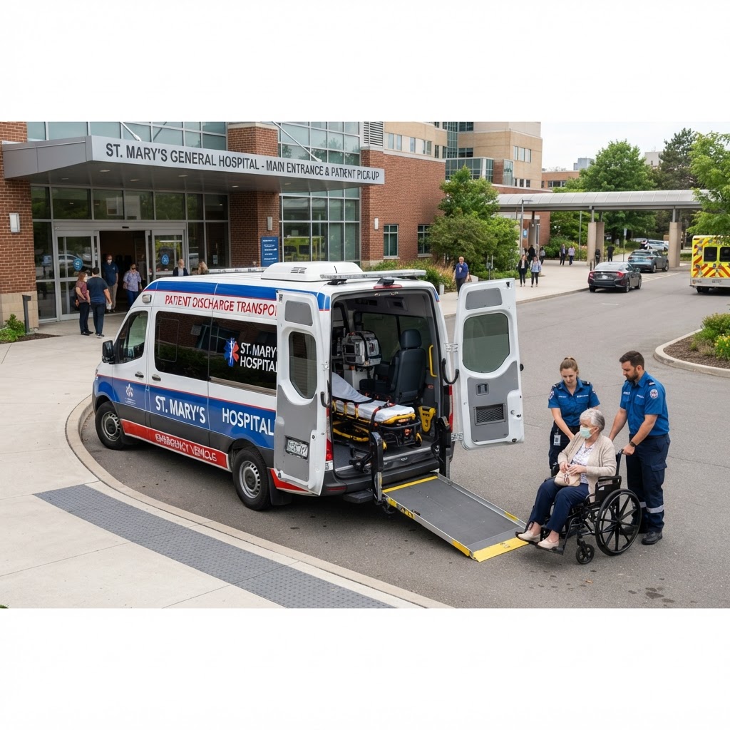 Hospital entrance with automatic doors, clean modern facility exterior, bright daytime, professional medical building