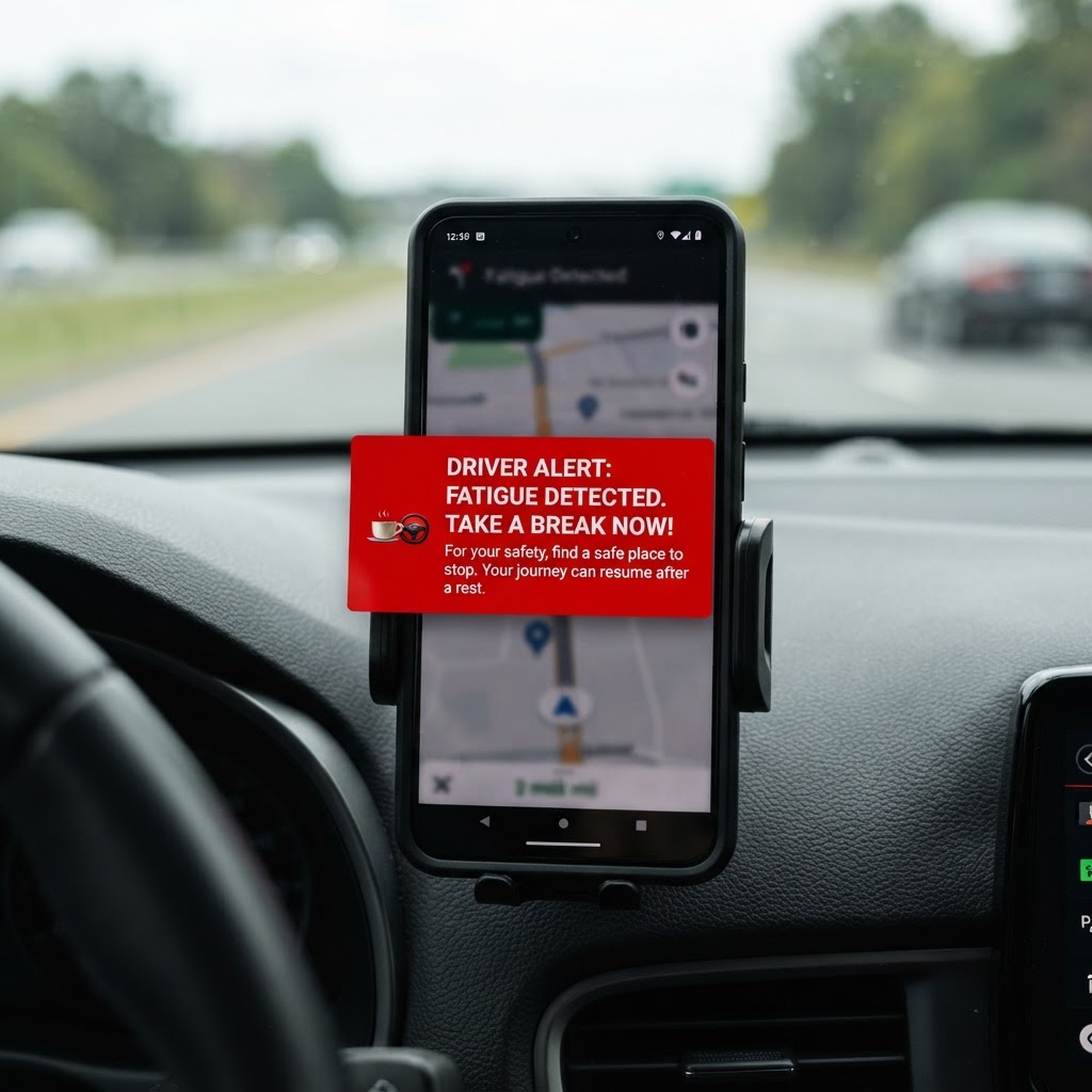 Mobile phone screen showing red alert notification with text warning driver to stay alert and take a break