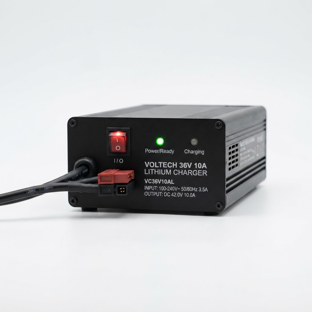 Voltech 36V 10A lithium battery charger front view showing ports and LED indicators
